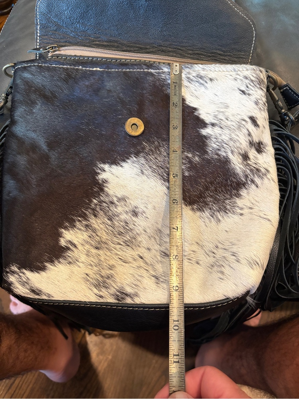 Myra Bag Turquoise and Brown Tooled Leather Cowhide Fringe Crossbody - Picture 8 of 9